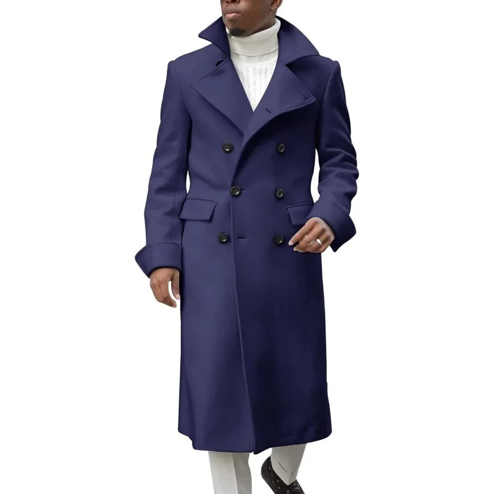Men's Navy Blue Notch Lapel Double Breasted Trench Coat Cotton Blend Pea coat